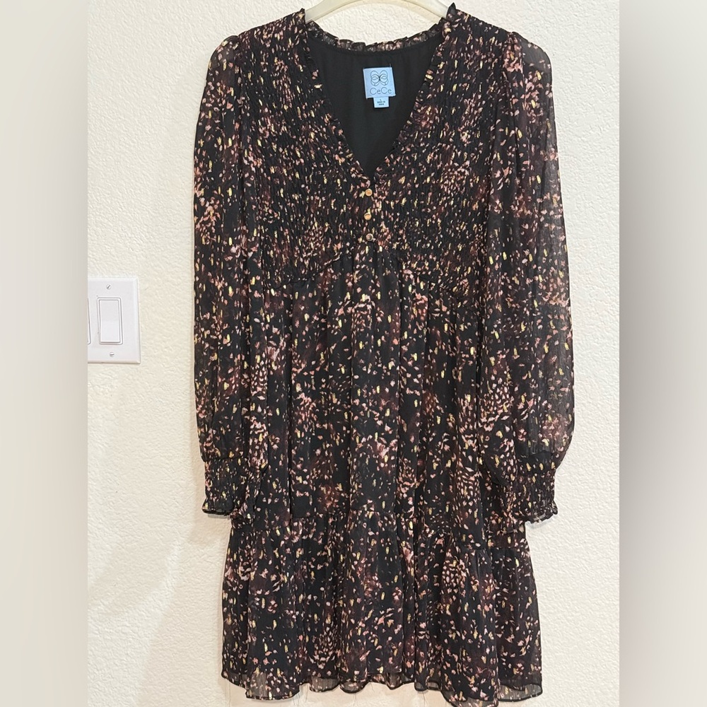 CeCe Black and Gold Chiffon Ruffled Dress Large